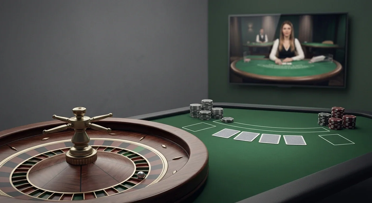 Original editorial live casino scene with a generic roulette wheel, blackjack table and streamed dealer motif without casino branding