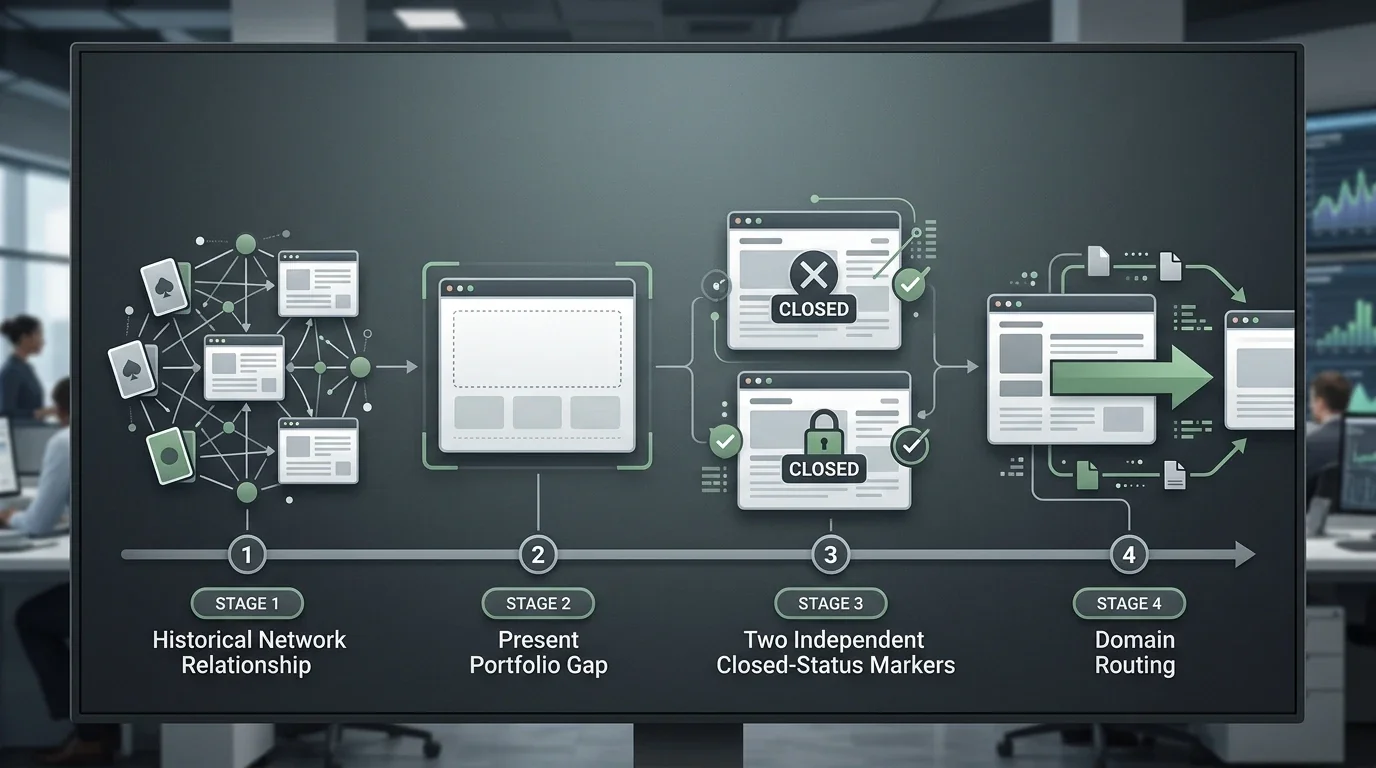 Illustrated timeline of Green Casino historical V.Partners association, current portfolio absence, closed-status signals and a domain redirect