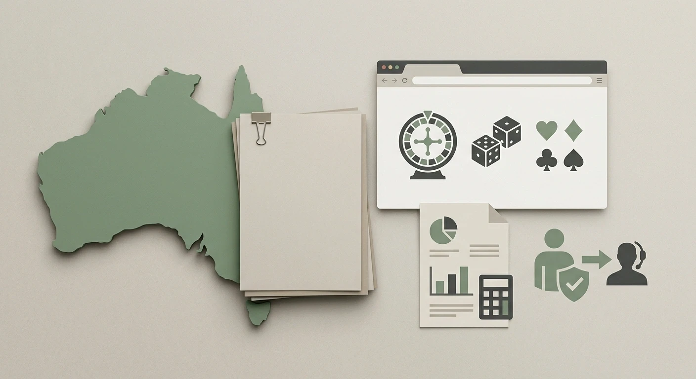 Editorial Australia compliance illustration with an online casino screen, regulatory document, tax note and safer-gambling support symbols